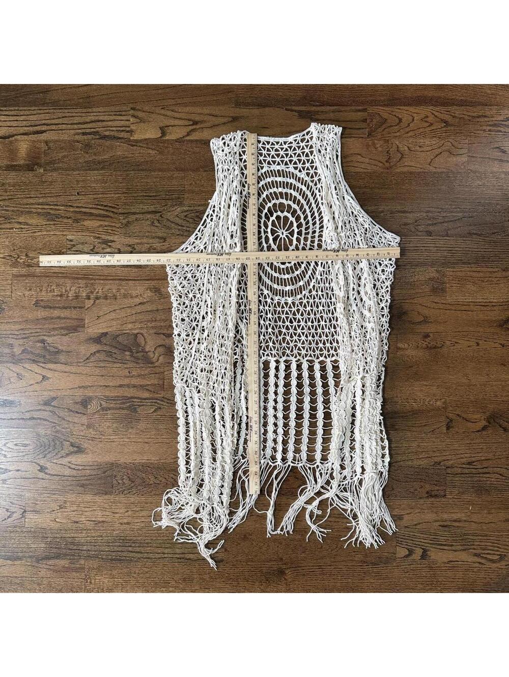 π§Ώ Vintage 70s Crochet Dreamcatcher Festival Duster Vest β Cream Fringe β OS - Picture 4 of 4